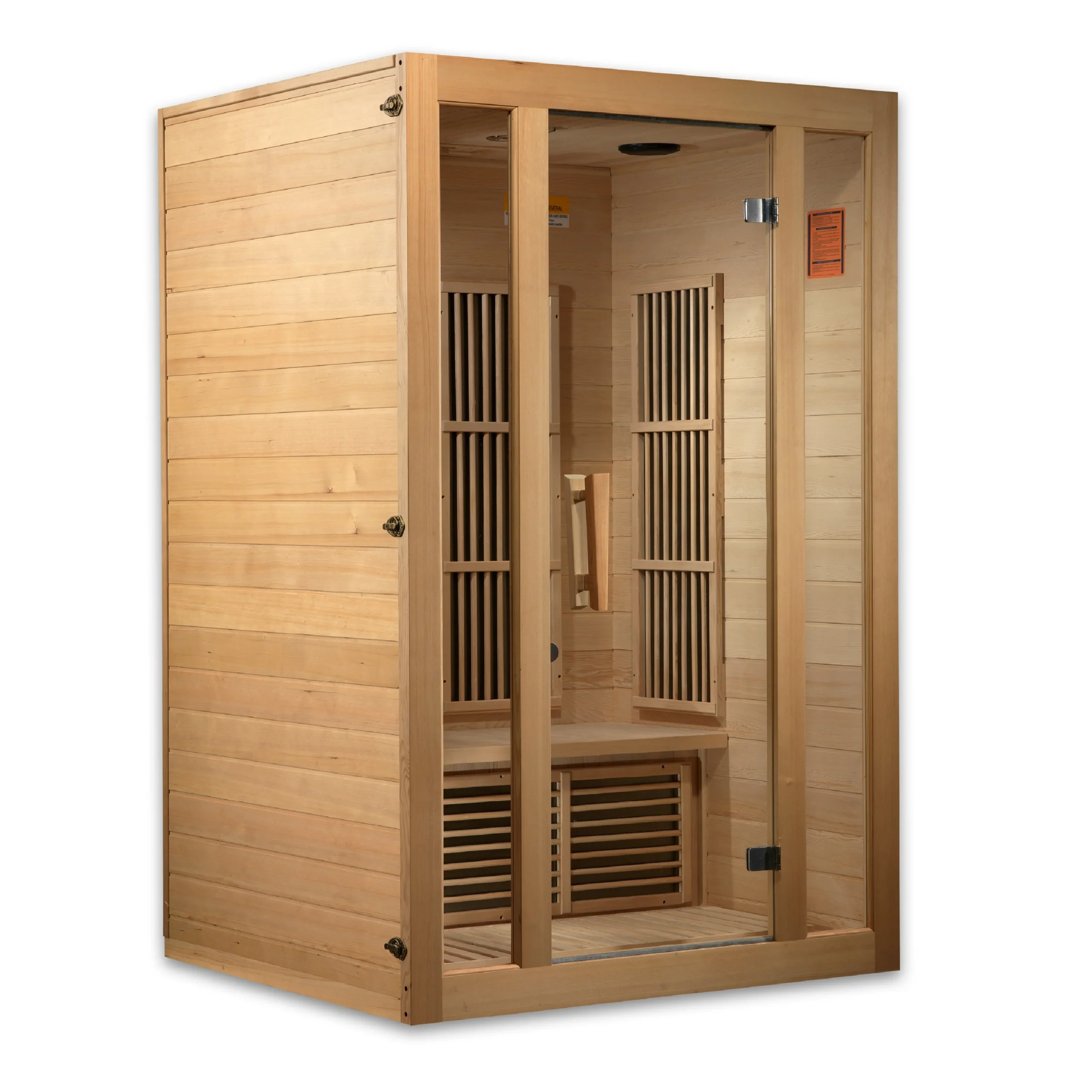 A sleek and modern 2-person Maxxus Seattle infrared sauna crafted from rich Hemlock wood. Featuring carbon far infrared heating panels, a tempered glass door, and an easy-to-use digital control panel